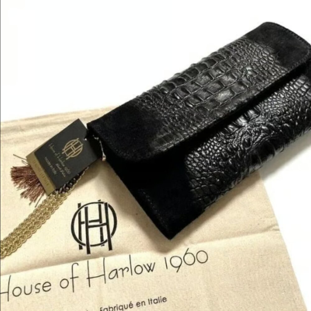 HOUSE OF HARLOW 1960 Croc Suede Handbag Clutch 100% Leather Black Alligator NWT!